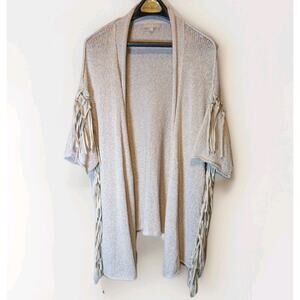 Linen Blend Open Cardigan Vegan Leather Fringe Beige Dolman Sleeve Roll Collar